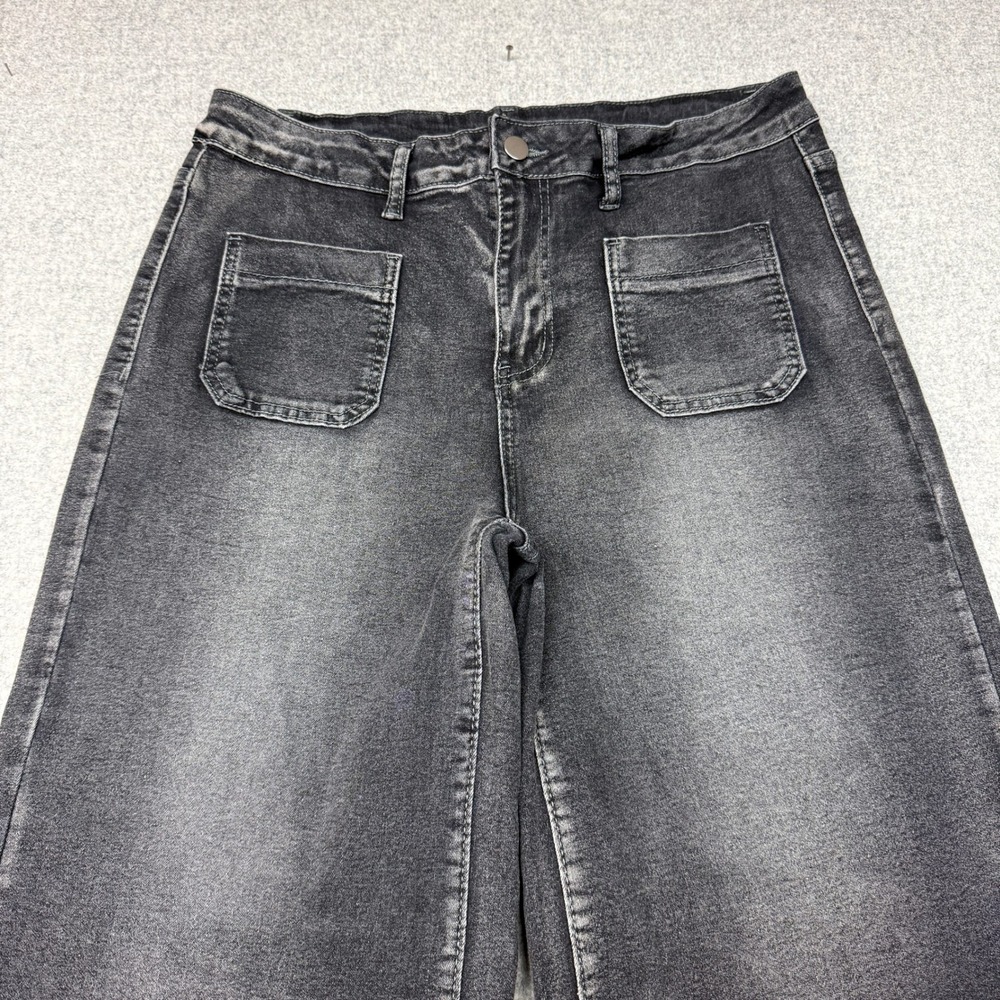 Jeans Wide Leg Denim Pants XL Black Faded Wash High Rise Patch Pockets 2096 - Picture 2 of 10